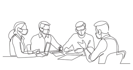 continuous line drawing office workers business meeting wearing face mask - PNG image with transparent background