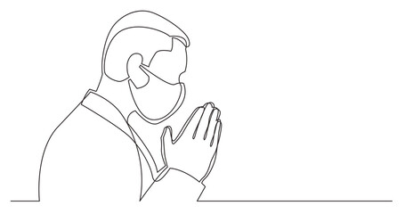 continuous line drawing praying man wearing face mask - PNG image with transparent background