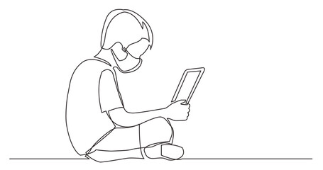 Fototapeta na wymiar continuous line drawing sitting boy watching laptop computer wearing face mask - PNG image with transparent background