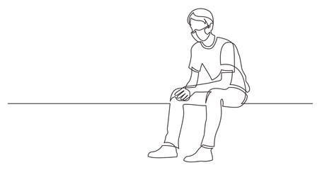 continuous line drawing sitting young man thinking wearing face mask - PNG image with transparent background