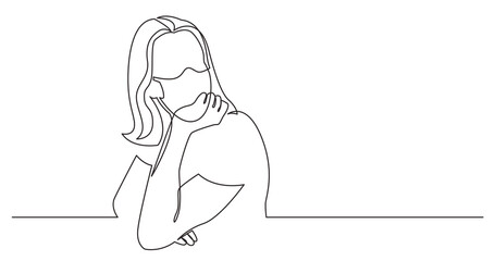 continuous line drawing sitting young woman in dreamy mood wearing face mask - PNG image with transparent background