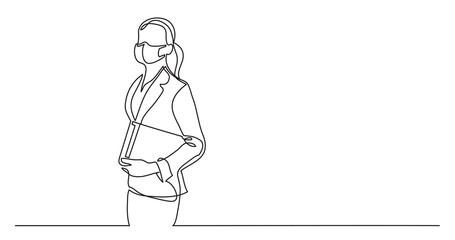 continuous line drawing standing business woman with papers wearing face mask - PNG image with transparent background
