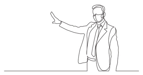 continuous line drawing standing businessman presenter showing at screen wearing face mask - PNG image with transparent background