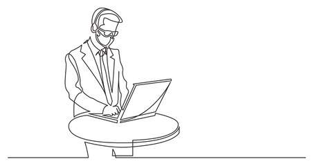continuous line drawing standing call center worker with laptop computer wearing face mask - PNG image with transparent background