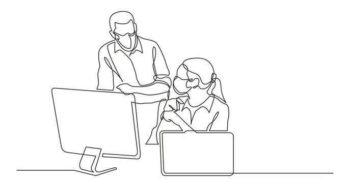 continuous line drawing office workers discussing problem wearing face mask - PNG image with transparent background