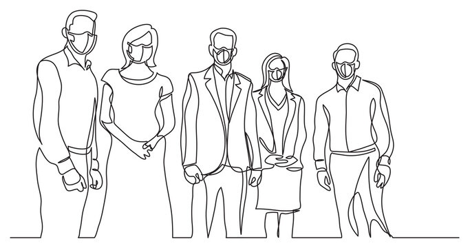 continuous line drawing people tam standing looking wearing face mask - PNG image with transparent background