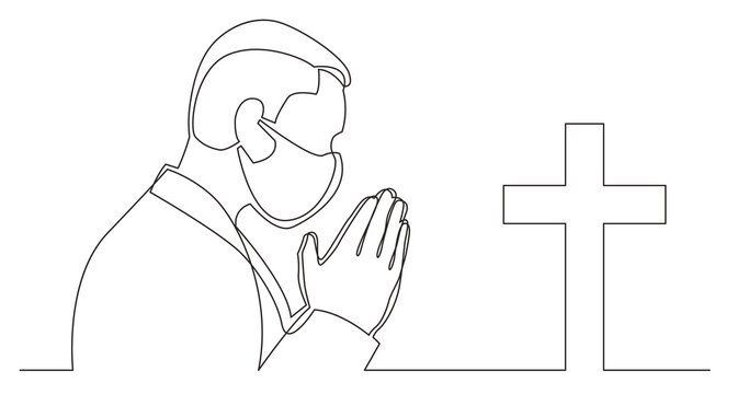continuous line drawing praying man with christian cross wearing face mask - PNG image with transparent background
