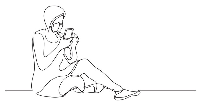continuous line drawing sitting young woman reading smart phone wearing face mask - PNG image with transparent background