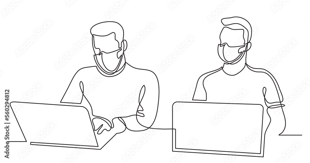 Poster continuous line drawing two coworkers working on laptops wearing face mask - png image with transpar