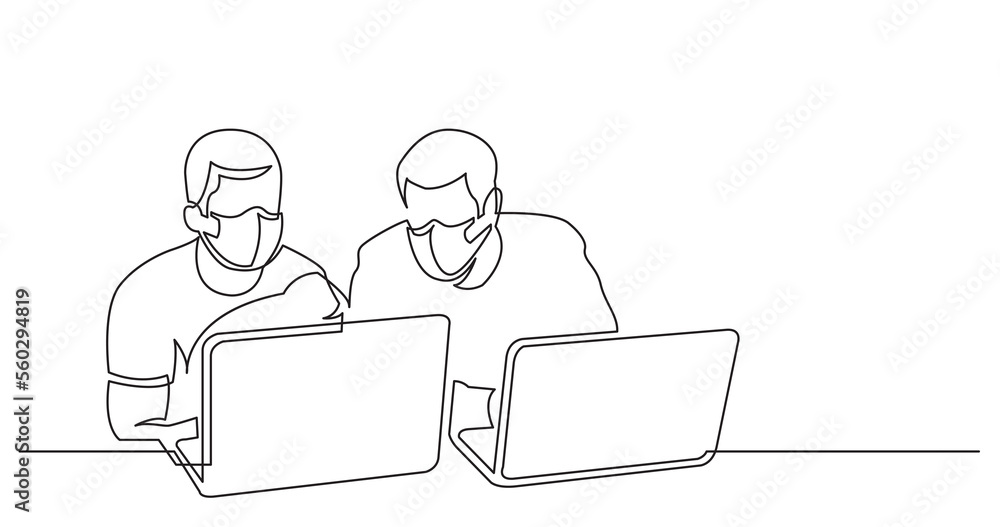Poster continuous line drawing two men sitting with laptop computers wearing face mask - png image with tra