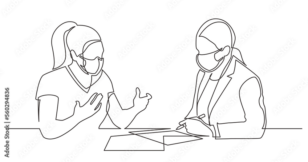 Poster continuous line drawing two weneb discussing signing paperworks wearing face mask - png image with t