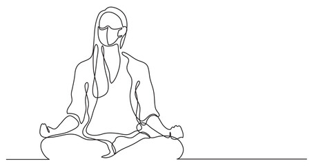 continuous line drawing woman meditating wearing face mask - PNG image with transparent background