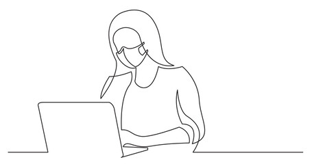 continuous line drawing woman working on laptop computer wearing face mask - PNG image with transparent background