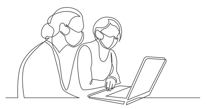 continuous line drawing two women sitting watching laptop computer wearing face mask - PNG image with transparent background
