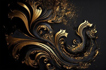 Swirling Rough Black Charcoal With Gold Wallpaper Art - Generated AI