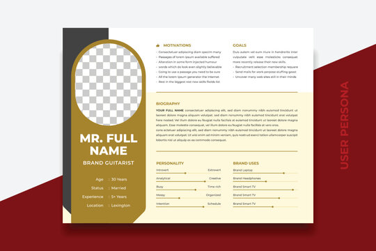 User Persona Document Template Vector Illustration. Examples of User Personas template. Persona Document. Persona Template for UI UX designer. User Persona vector horizontal template with double color