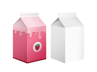 Karton na mleko, sok, napój roślinny lub inny. Białe kartonowe opakowanie oraz opakowanie w różowym kolorze z nadrukiem truskawki.. Wzór pudełka do wykorzystania w wizualizacji projektu. - obrazy, fototapety, plakaty