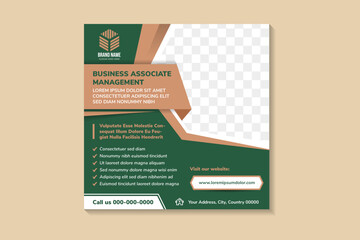 Digital marketing agency live webinar and corporate social media banner post template. business associate management headline. space photo collage. green background with brown and white element