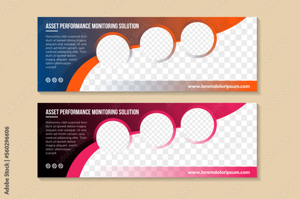 Poster asset performance monitoring solution horizontal banner design template with blue black and pink ora