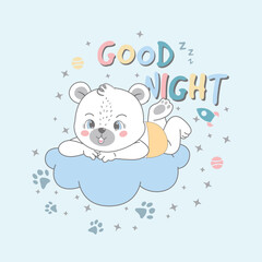 vector illustration of good night cute bear on a cloud