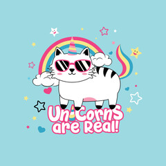 Cute cat character with unicorn horn isolated.