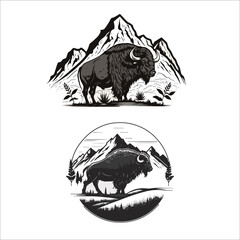 buffalo or Bison and Rocky Mountain Logo Design Vector © Vibrands Studio