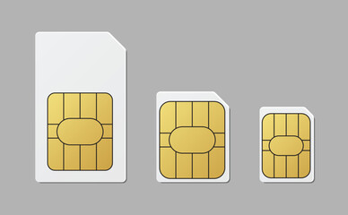 Sim card size in standard, micro and nano mobile phone technology network connection - obrazy, fototapety, plakaty