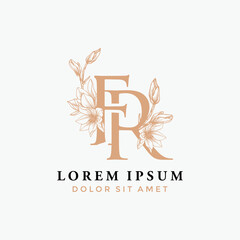 Luxury FR vector logotype with flower. Premium letter FR logo with golden design. Elegant corporate identity