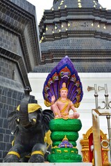 Thai art sculpture around Wat Ban Den buddhist sanctuary wall, Chiangmai Thailand 