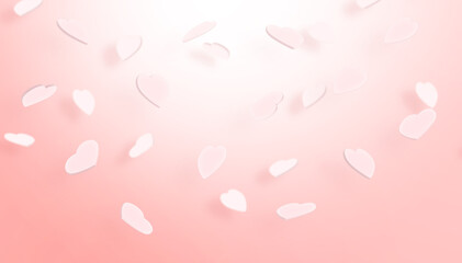 Falling pink hearts on pink background. Soft and sweet pastel color palette. Valentines day and wedding concept for banner, template, wallpaper, poster. 3D Illustration.