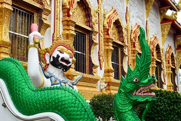 Thai art sculpture around Wat Ban Den buddhist sanctuary wall, Chiangmai Thailand 