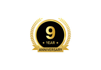 Fototapeta premium 9 year anniversary celebration. Anniversary logo with ring and elegant golden color isolated on white background, vector design for celebration.
