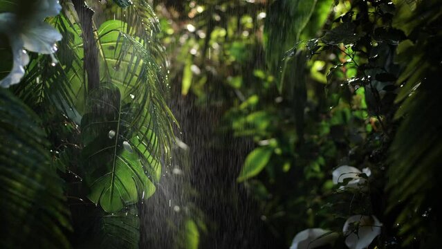 Tropical background with rainy exotic jungle
