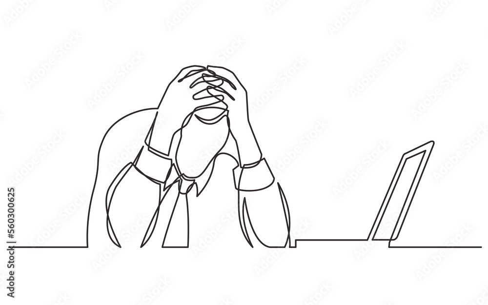 Poster continuous line drawing office worker in depression - png image with transparent background