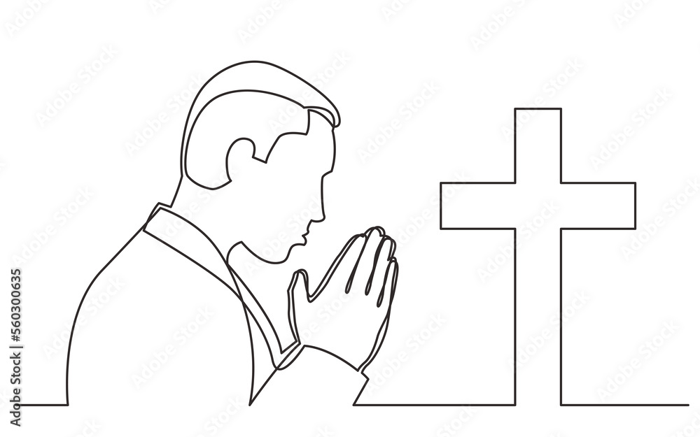 Poster continuous line drawing praying man with christian cross - png image with transparent background
