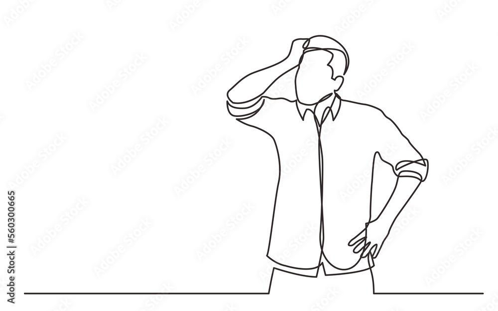 Poster continuous line drawing standing confused man in shirt - png image with transparent background