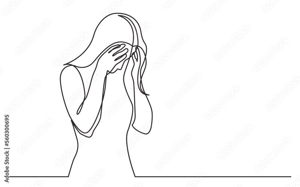 Canvas Prints continuous line drawing woman hiding her face in despair - png image with transparent background