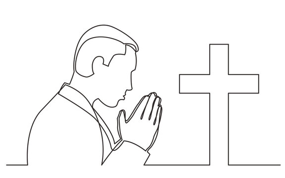 continuous line drawing praying man with christian cross - PNG image with transparent background