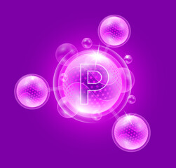Vitamin P and atom molecule collagen serum chemical formula purple with oxygen bubble. Shield protection skin care anti age. Nutritional supplement multivitamin complex. 3D vector.