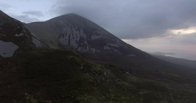 Aerial view of the famous mountain Croagh Patrick on a foggy evening.
Westport Co. Mayo West of Ireland