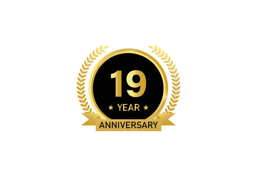 19 year anniversary celebration. Anniversary logo with ring and elegant golden color isolated on white background, vector design for celebration.