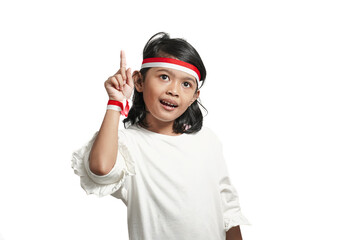 Asian girl child indonesia independence concept, gesture looking for idea. Isolated by white background.