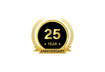 25 year anniversary celebration. Anniversary logo with ring and elegant golden color isolated on white background, vector design for celebration.