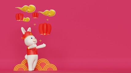 Chinese new year 2023 background with a rabbit flying a lantern