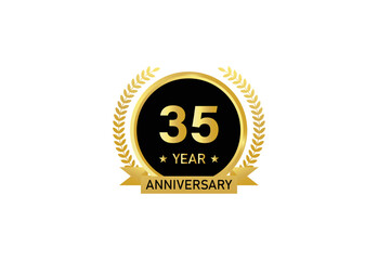 35 year anniversary celebration. Anniversary logo with ring and elegant golden color isolated on white background, vector design for celebration.