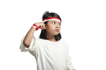 Asian girl child indonesia independence concept, gesture looking for idea. Isolated by white background.