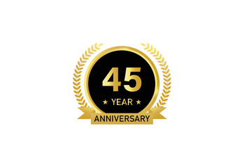 45 year anniversary celebration. Anniversary logo with ring and elegant golden color isolated on white background, vector design for celebration.