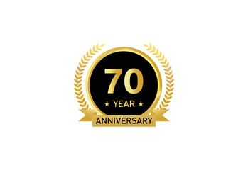 70 year anniversary celebration. Anniversary logo with ring and elegant golden color isolated on white background, vector design for celebration.