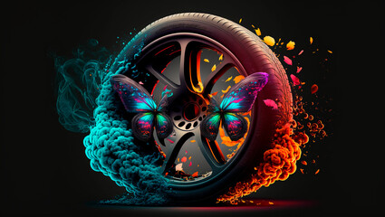 tire with colored smoke with butterflies on black background