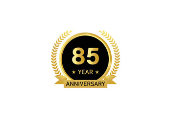 85 year anniversary celebration. Anniversary logo with ring and elegant golden color isolated on white background, vector design for celebration.